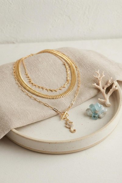 Mega Bazaar Brass Gold Color Sea Horse Object Detailed Snake Chain Women's Ne...