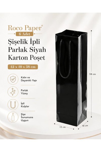 roco paper Crna kartonska torba sa držačem za bocu i vezicom, 6 komada - 12x1...