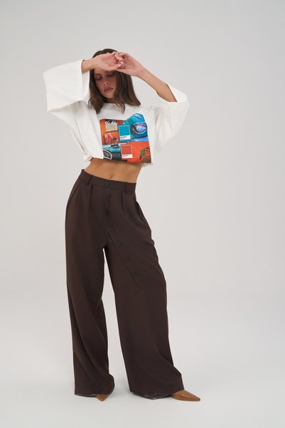 MAI STUDIOS CO. Lucca Button Detail Brown Palazzo Trousers