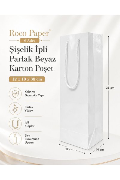roco paper Bela kartonska torba sa držačem za flašu i vezicom, 6 komada - 12x...