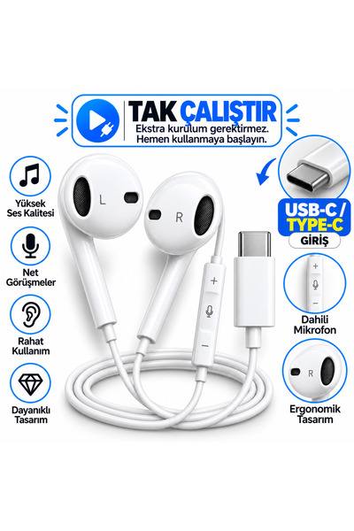 FABRON İphone Tak Çalıştır Type-C Kablolu Pro Kulaklık 15/16/17 Universal Dah...