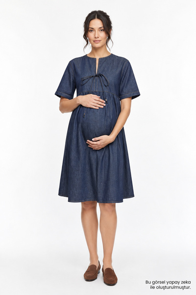 Allyco Short Sleeve Lace Detailed Denim Regular Maternity Dress