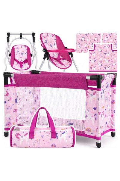 MalPlay Set ingrijire papusi Pink Unicorns, cu Patut de calatorie pliabil, Sc...