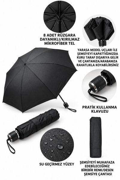 MACERATİ Siyah Unisex Yarasa Model Şemsiye 8 Telli Manuel Açılır, Kapanır , K...