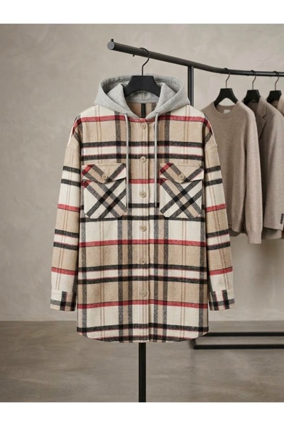 Polologin Butik Bej Krem Ekoseli Kapüşonlu Çift Cepli Oversize Kadın Oduncu Gömlek Ceket