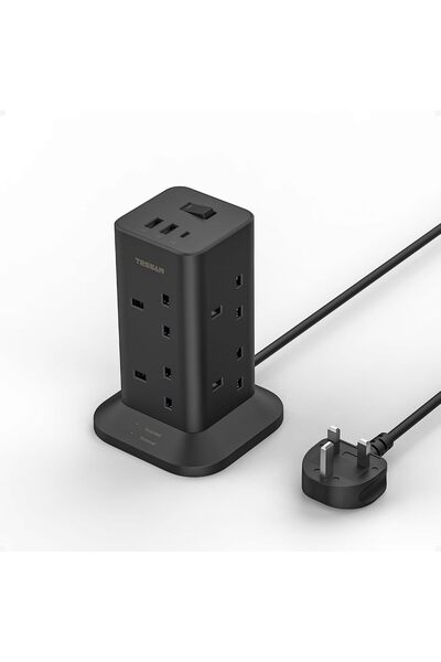 Generic سلك تمديد برجي مع منافذ USB-C، مقبس متعدد 8 منافذ بطول 2 متر، محمي من...