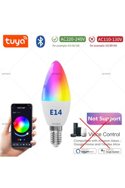 Choice مصباح LED بقوة 5 واط مع تقنية BLE، قاعدة E14، متوافق مع تويا، قاعدة E2...