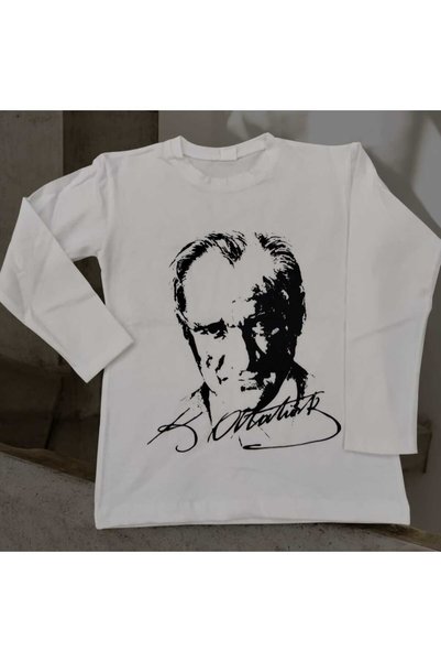 Genel Markalar Atatürk Baskılı Beyaz Uzun Kollu Sivit-T-Shrt