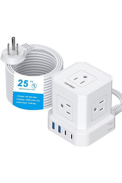Generic سلك تمديد بطول 25 قدم، سلك تمديد مع 5 منافذ تيار متردد و4 منافذ USB، ...