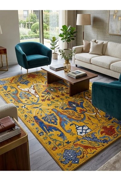 Has 1950 Modern Antik Desenli Mustard Detaylı Şık Salon Ve Dekor Halı
