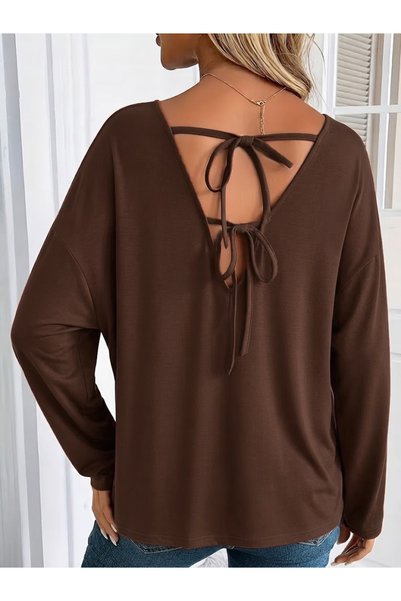 pazarella Women's long sleeve v neck batwing sleeve lace up back viscose blouse