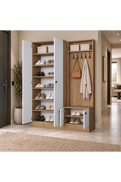 Rani Mobilya Rani EA151 Modern Portmanto Raflı Askılı Ayakkabılık Vestiyer Sepet Ceviz Beyaz