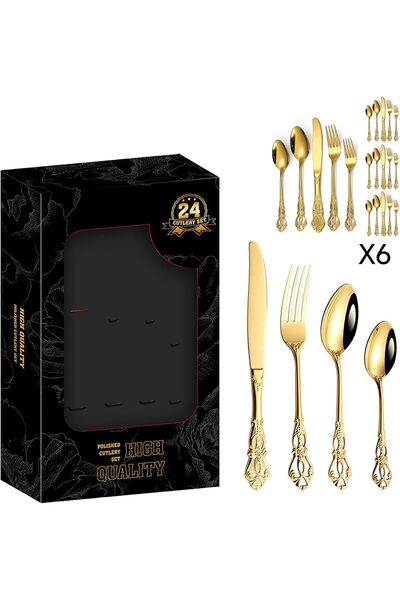 Generic 24-Piece Gold Cutlery Set - Silverware Set Dinnerware Sets for 6 Pack...