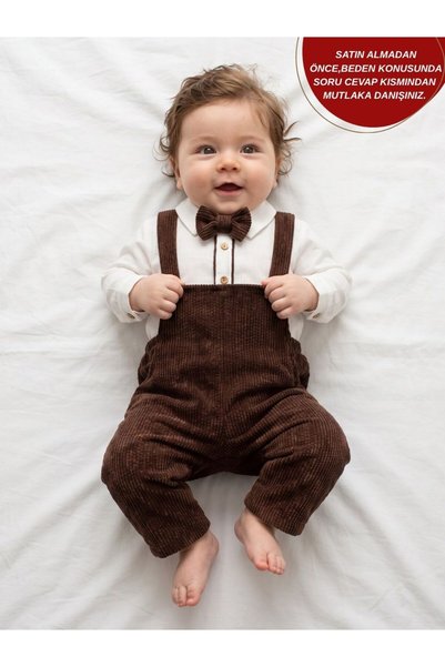 aysskids Harry Baby Boy Corduroy Salopet Suit with Bow Tie and Shirt