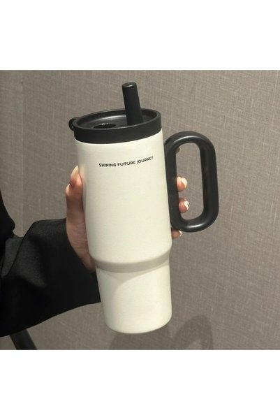 Choice 750ml WHITE 720ML Stainless Steel Thermos Cup with Straw & Handle Ice ...