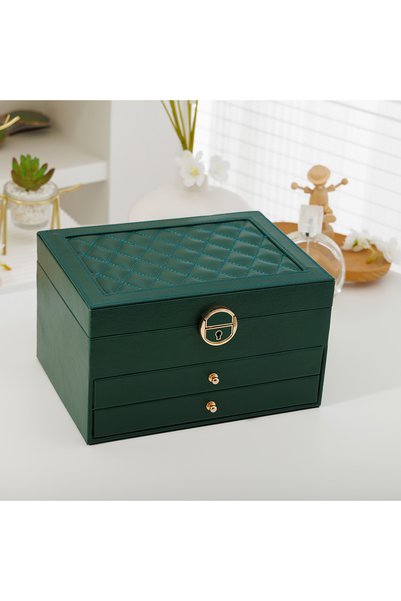 Choice green 1PC, Rhomboid Round Lock Three-Layer Leather Jewelry Storage Box...