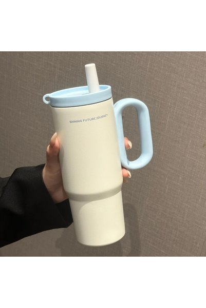 Choice 750ml Blue 720ML Stainless Steel Thermos Cup with Straw & Handle Ice C...
