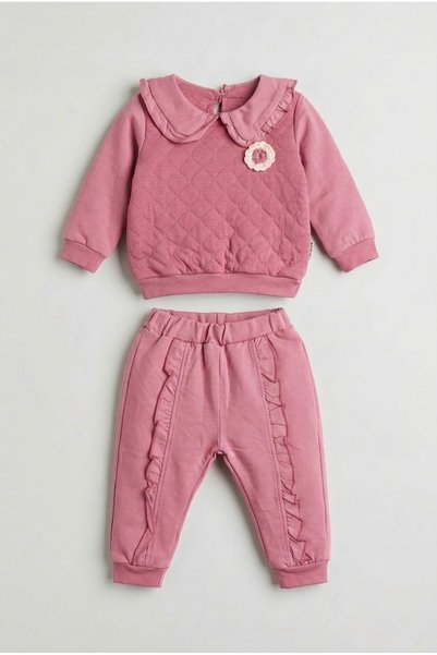 zumino Baby Girl Floral Appliqued Polo Collar Quilted Ruffle Detailed Tracksu...