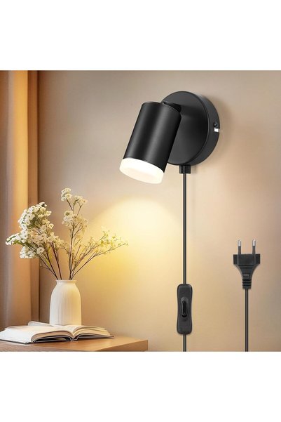 Generic مصباح حائط LED مع قابس ومفتاح - GU10 أسود غير لامع دائري يدور 350 درج...