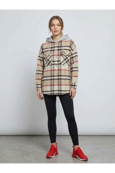 Polologin Butik Bej Krem Ekoseli Kapüşonlu Çift Cepli Oversize Kadın Oduncu Gömlek Ceket