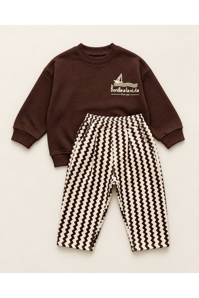kr kids Boy's Brown Printed Oversize Sweatshirt and Zigzag Patterned Wide-Leg...