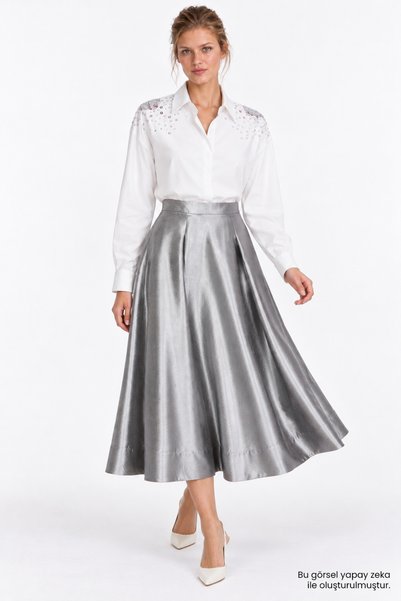 Exquise High Pleated Metallic Midi Skirt