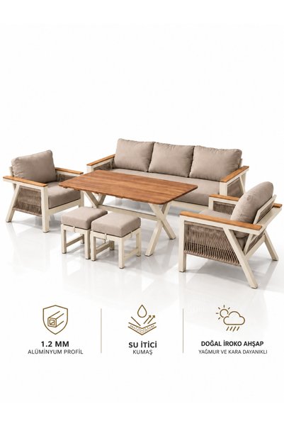 Çavdar Group Comfy 3+1+1 Alüminyum Puflu Oturma Grubu 7 Kişilik Bahçe Teras B...