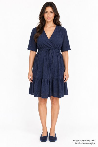 Allyco Double-Breasted Collar, Tie-Waist, Embroidered Mini Maternity Dress