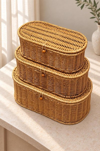 İLİVA 3-Piece Oval Storage Box and Organizer Set with Lid, Multi-Purpose Orga...
