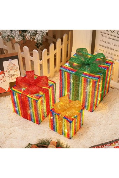 GGEROU Christmas Lighted Gift Boxes, Set of 3 Light Up Gift Boxes for Christm...