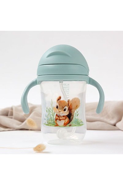 Kiokids Παιδικό ποτήρι σιλικόνης με λαβές και καλαμάκι σε σχήμα σκίουρου, Πρά...