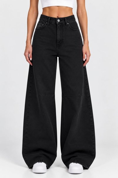Lovem Fashion Kadın Antrasit Yüksek Baggy Jean Pantolon Bol Paça Diz Dikiş De...