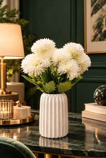 DECOFORM 15cm Dekoratif Vazolu,12Dallı Ponpon Yapay Çiçek Seti,