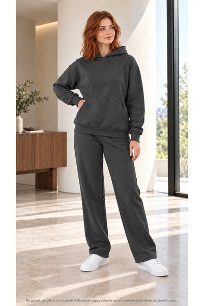 caddekombin Women's Plain Hooded Tracksuit Set - Oversized Sweatshirt with Ka...