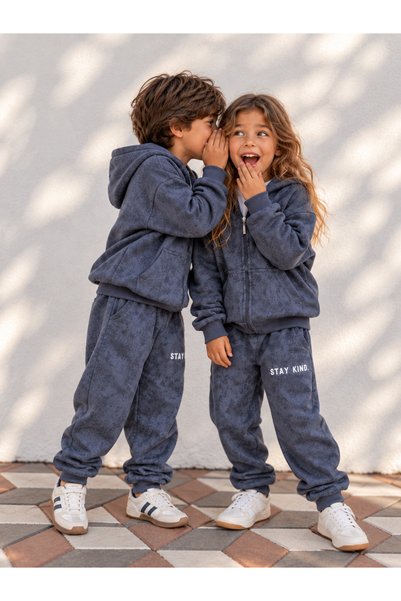 Milo Sol Stay Kind %100 Pamuk Oversize Fermuarlı Kapüşonlu Unisex Çocuk Eşofm...