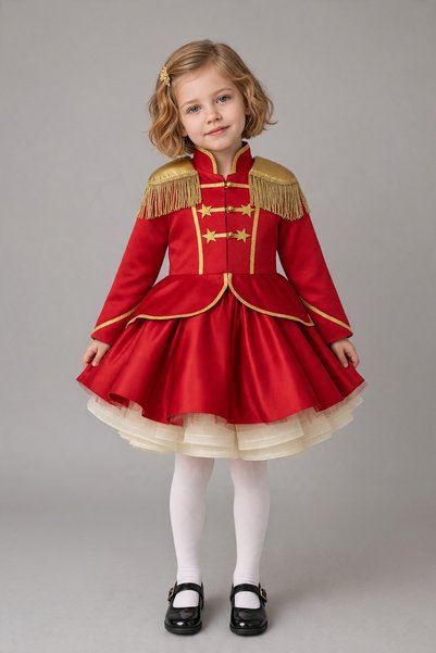 zühre balaban Girl's Red Costume Dress with Gold Detailed Tulle Skirt