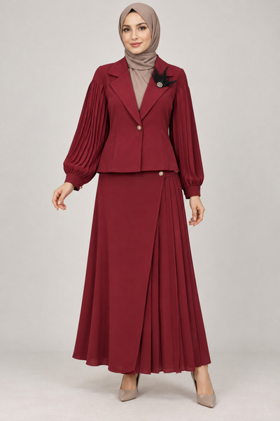 YAREN CLARA Women's Burgundy Pleated Sleeve Brooch Detailed Jacket and Long S...