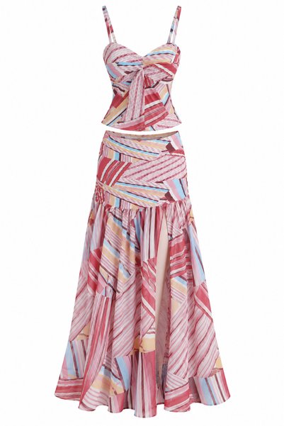 My Blog Multicolored Patterned Pleated Chiffon Blouse Skirt Set - 2Y8570