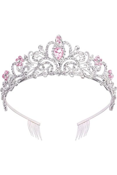 Noonedibs Tiara coroană prințesă cu cristale roz și piepteni, diademă arginti...