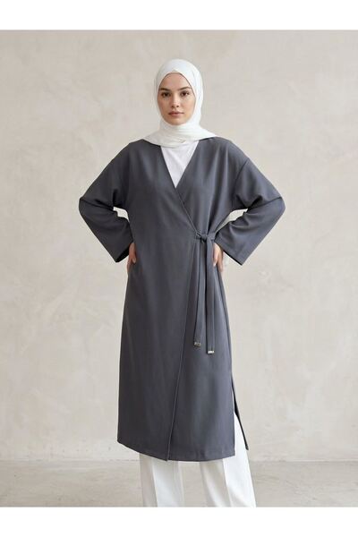 Lunsera Store تونيك طويل برباط جانبي وطرف معدني - أنثراسايت