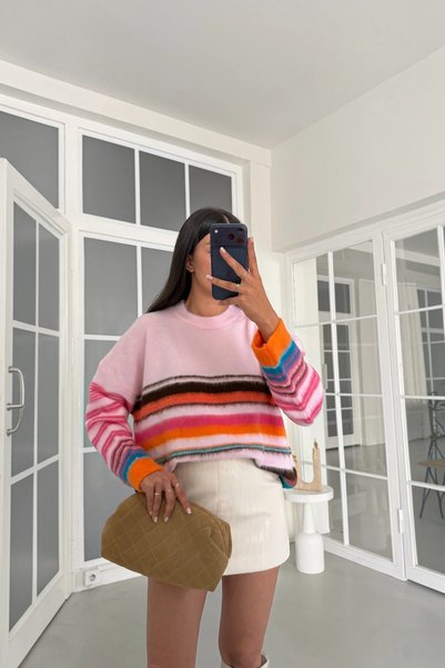 MODAMERSİ Kadın Pembe Çizgili Oversize Yün Kazak