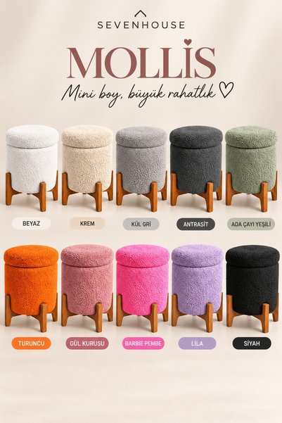 Seven House MOLLİS Kapaklı Ahşap Ayaklı Teddy Kumaş Kaplı Silindir Puf Makyaj Pufu LİLA