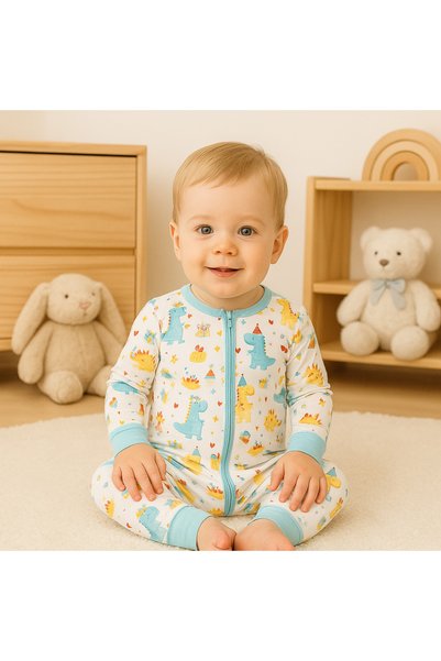 Nonie Pijamale lungi din bambus - model slimfit, Party Dino, Turcoaz, pentru ...