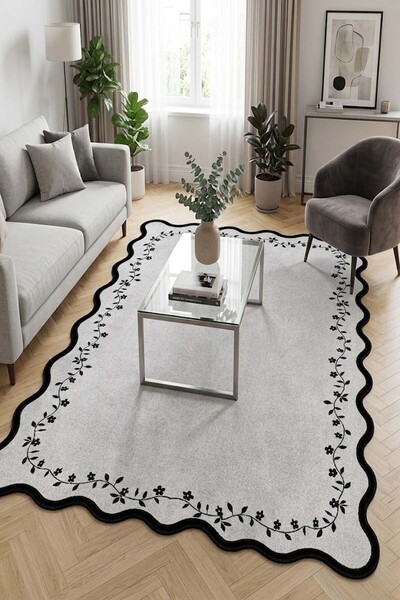 Qatalina Modern Gri Siyah İnce Çiçek Desenli Dalgalı Kenar Kaymaz Dot Taban O...