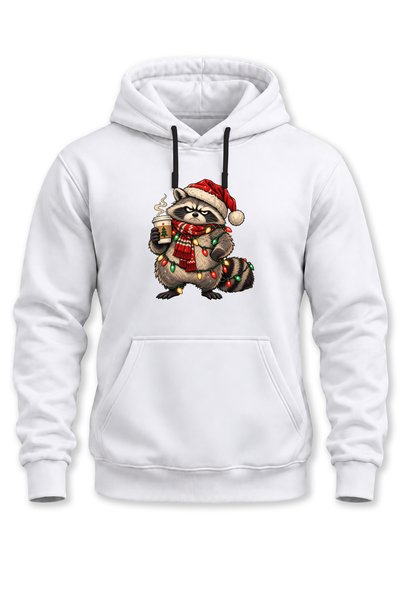 WİDİ Unisex Christmas Themed Funny Raccoon Printed Hooded Sweatshirt Hoodie