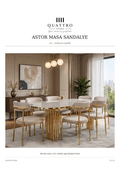 QUATTRO HOME Astor Masa Sandalye Takımı – Mermer Desenli Gold Metal Ayaklı 6 ...