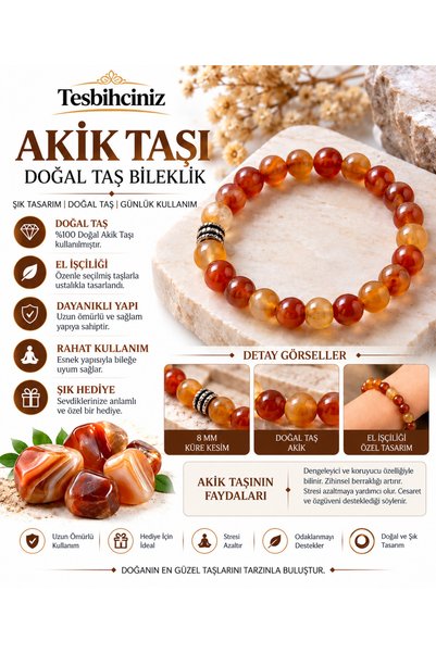 tesbihciniz سوار من حجر العقيق الطبيعي للجنسين - قطع كروي 8 ملم