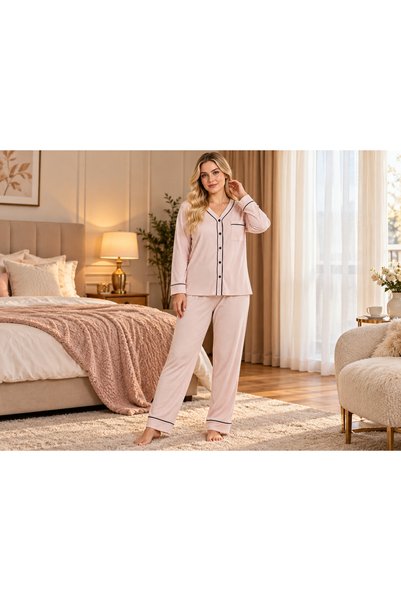 PİJAMOOD Pudra Pembe İnce Çizgili Siyah Biyeli Düğmeli Uzun Kollu Pijama Takımı
