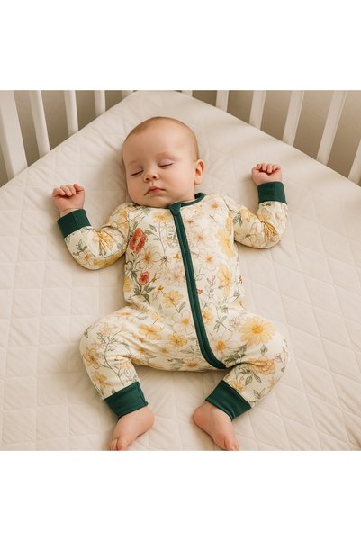 Nonie Pijamale lungi din bambus - model slimfit, Flori Elegante, Verde, pentr...