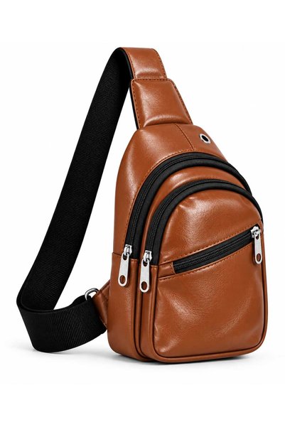 QUBBİ Taba Suni Deri Unisex Yandan Omuz Askılı Çapraz Çantası. Kablo kulaklık...